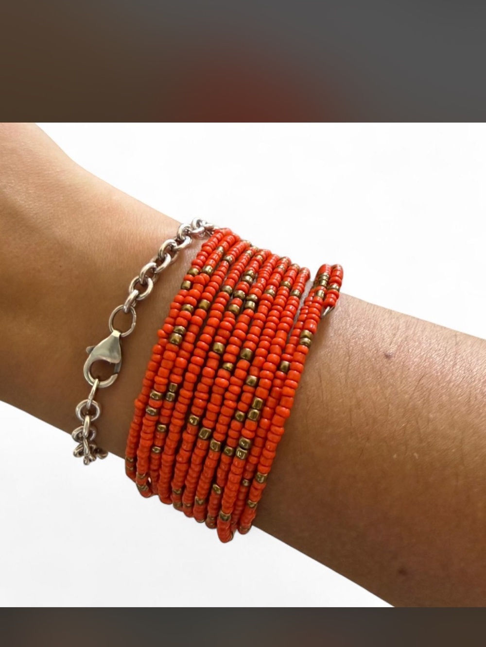 Handmade Orange Seed Bead Wrap Bracelet with Gold Accent